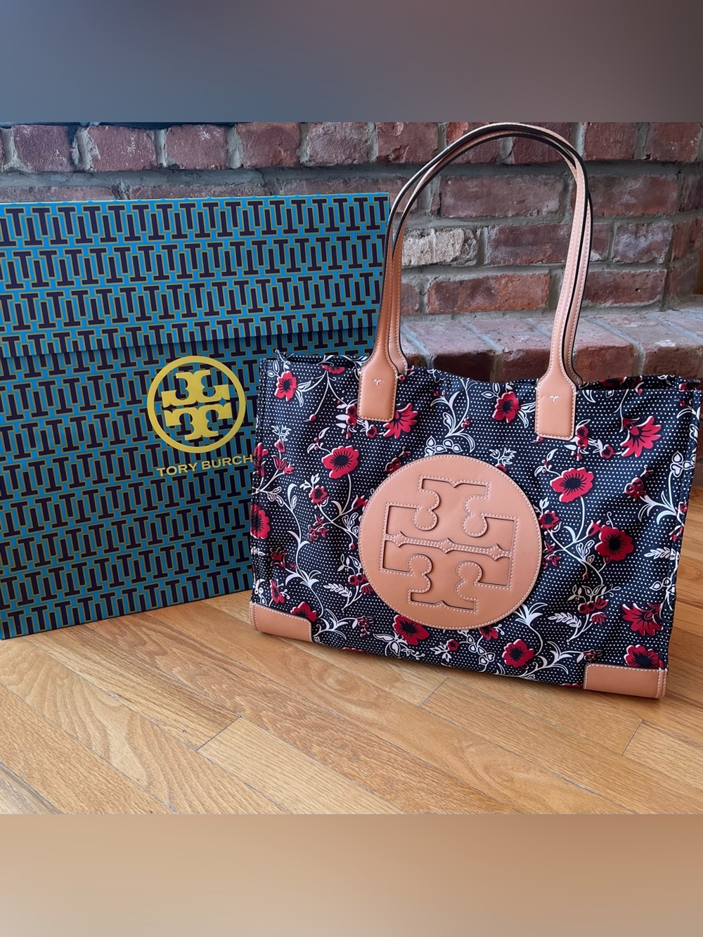 Tory Burch Red Retro Block Printed Large Nylon Ella Tote